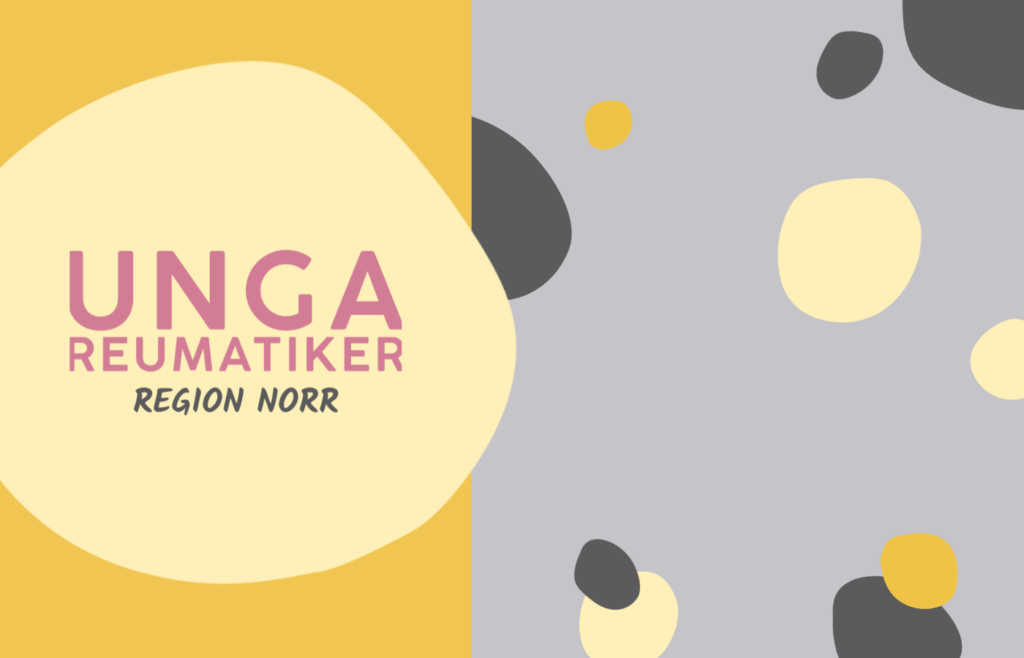 Logotyp för Unga Reumatiker Region Norr, mot en bakgrund med ljusgula och grå former