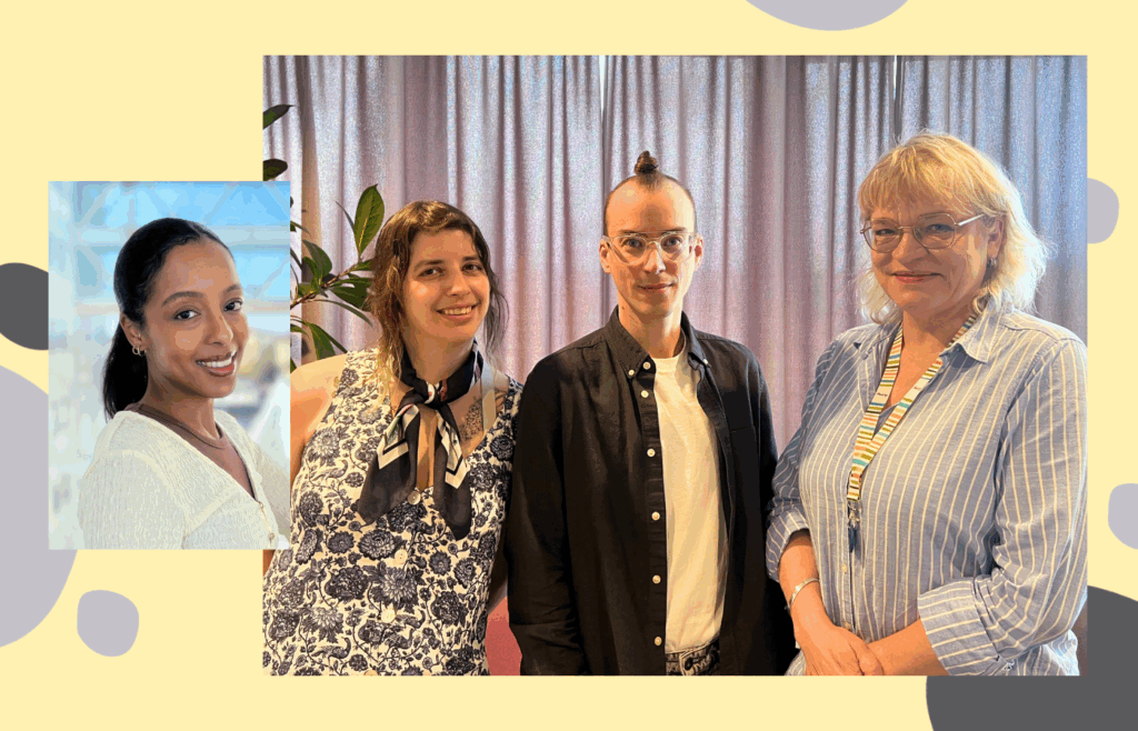 Bildcollage med Maha, Stef, Iso och Ebba på kansliet, alla ler mot kameran